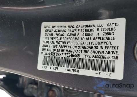 2015 Honda Civic Se z USA, uszkodzony, nr VIN 19XFB2F71FE246446